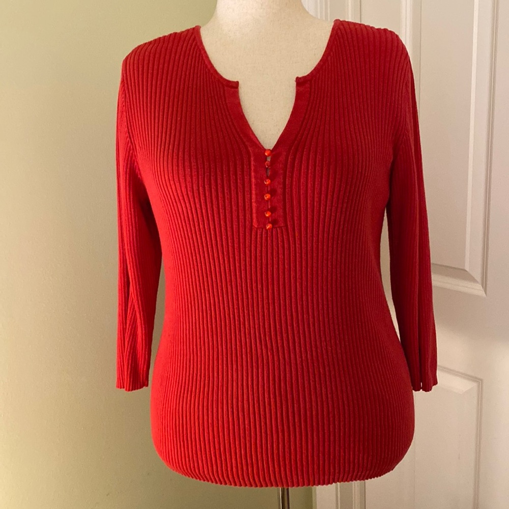 Avenue red cotton ribbed 3/4 sleeve v-neck sweater size 1X